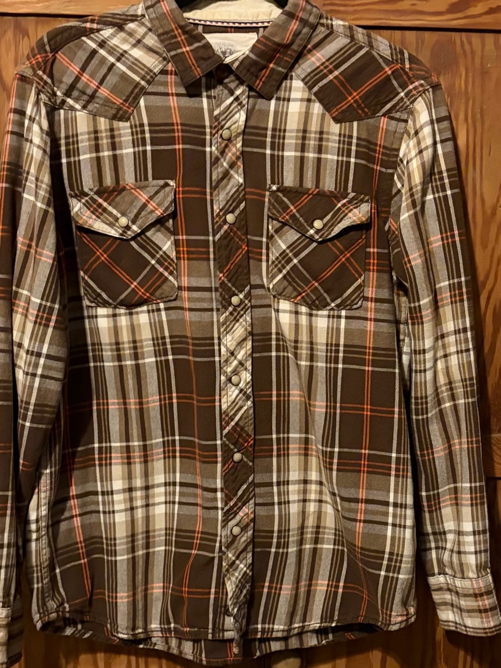 Men's Roebuck & Co Brown Plaid Button-Up Shirt. Size medium. Good used condition